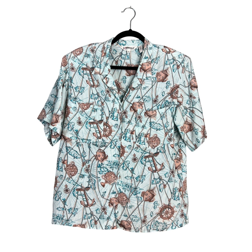 Vintage Loubella Map Print Top Blouse Size 14 Button Up Collared Boxy Relaxed